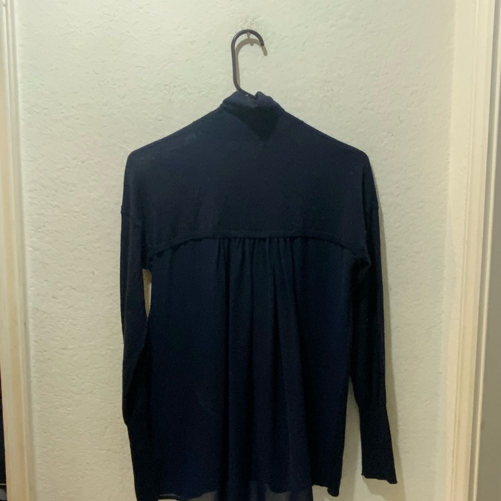 J Brand 100% merino wool turtleneck navy silky semi sheer panel sweater